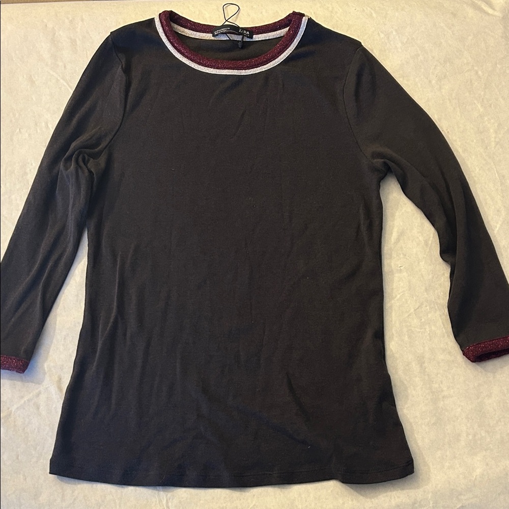 Zara NWOT Black Long Sleeve Top with Burgundy shimmery  Trim